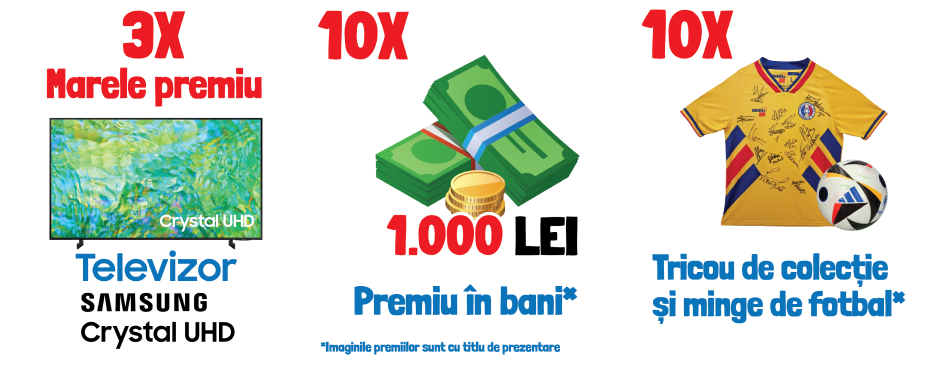 Televizor Ultra HD 4K; 1000 LEI premiu in bani; Tricou de colectie si minge de fotbal
